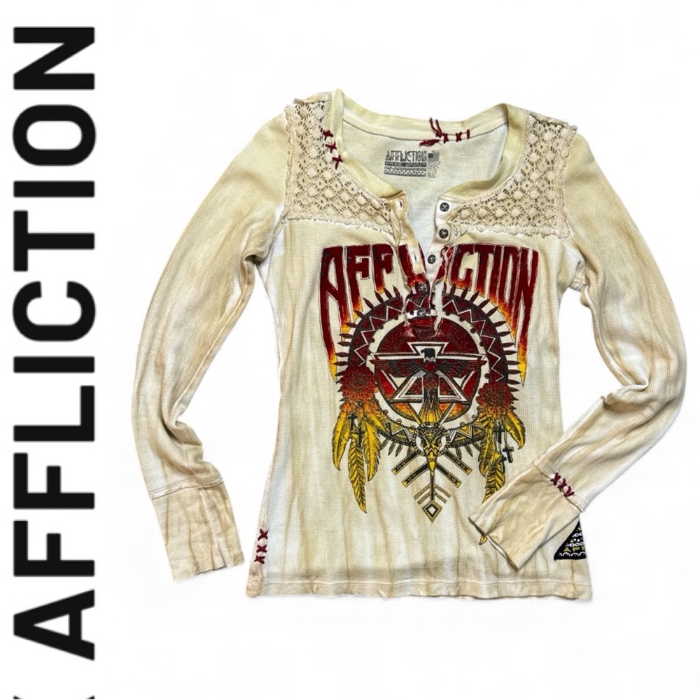 AFFLICTION Y2K GRAPHIC EAGLE 🪶 LONG SLEEVE 1/4 BUTTON WOMENS THERMAL HENLEY